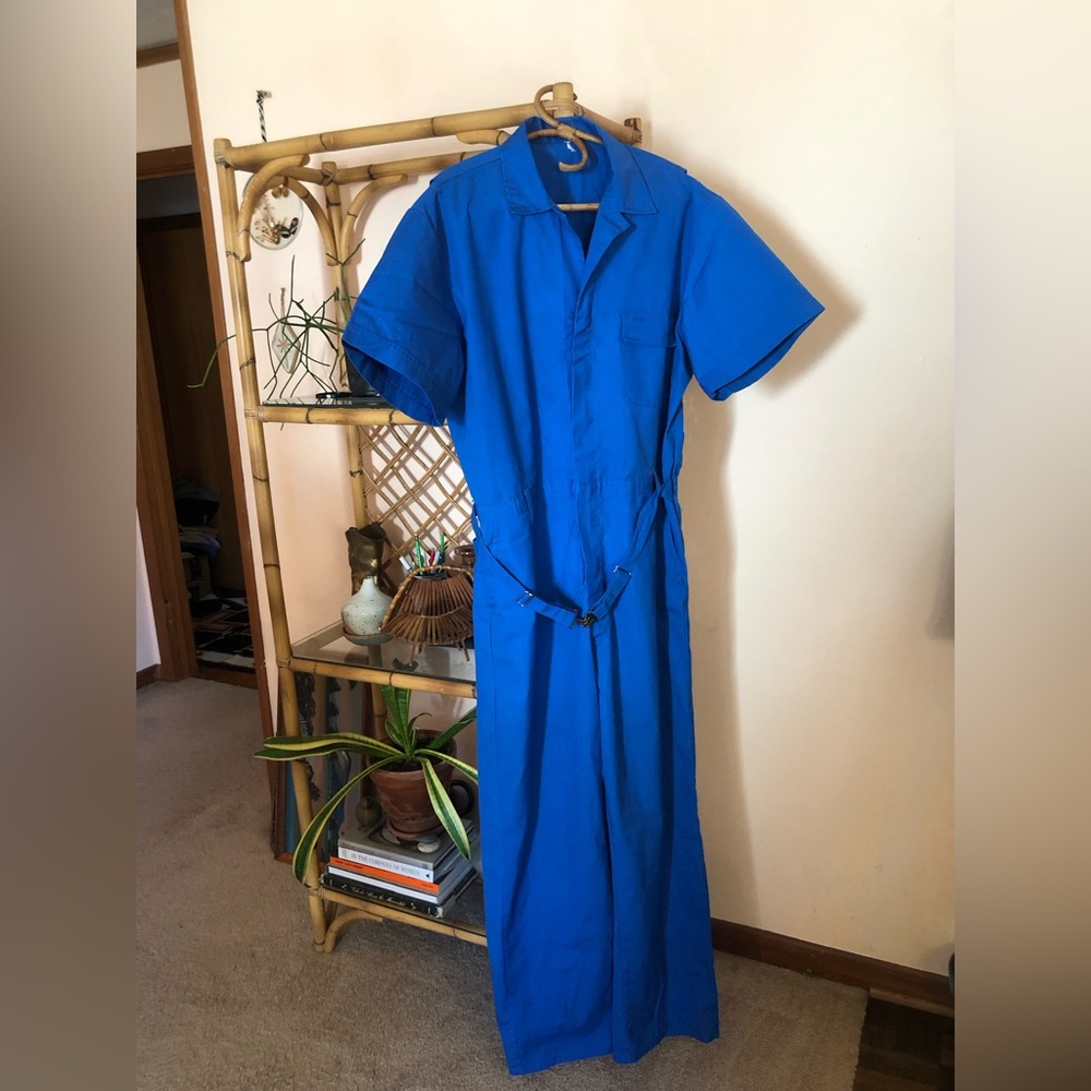 Vintage Cobalt Blue Unisex Jumpsuit with attached belt